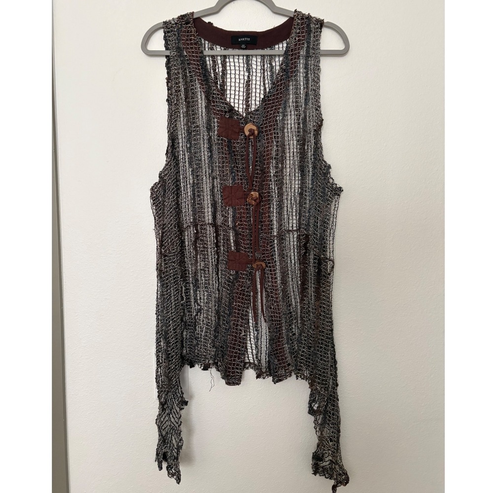 Kaktus Boho Open Knit Vest Brown Grey Asymmetrical Sharkbite Mesh Toggle 2X xx